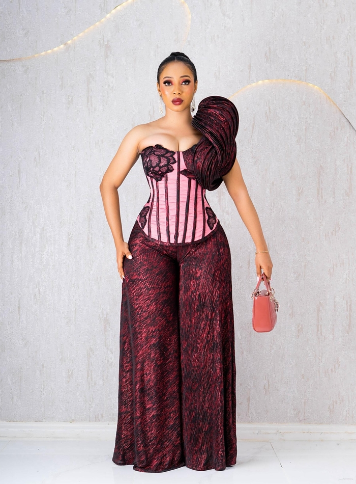 WINE AND BLACK CORSET TROUSER SET