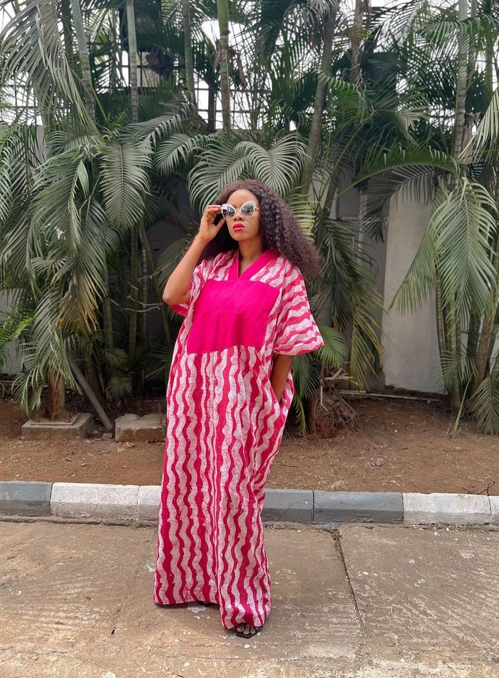 Pink Agbada Adire Dress With Aso Oke Collar